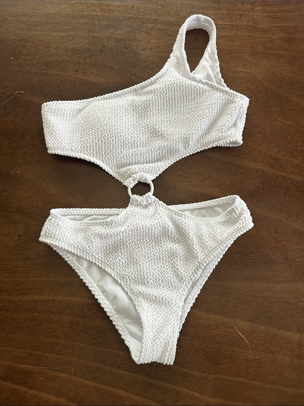SHEIN White Textured One-Shoulder Cutout Bikini with Ring Detail